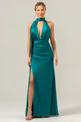 Peacock Sheath Deep V Neck Open Back Convertible Long Satin Bridesmaid Dress with Streamer