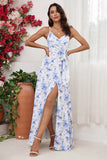 Blue Floral Print Sheath Column Spaghetti Straps Long Bridesmaid Dress With Slit