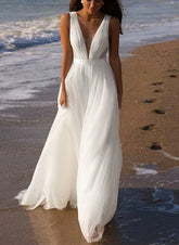 A Line Deep V neck Sleeveless Sweep Train Tulle Beach Wedding Dresses