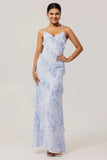 Blue Flower Sheath Printed Long Bridesmaid Dress with Lace Up Back