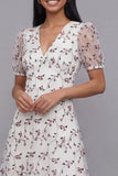 White Floral A Line Midi Wedding Guest Dress with Short Sleeves