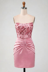 Strapless Sequin Bodycon Ruched Pink Homecoming Dress