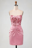 Strapless Sequin Bodycon Ruched Pink Homecoming Dress