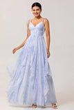 A Line Spaghetti Straps Long Blue Floral Bridesmaid Dress with Ruffles
