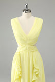 Lemon Yellow A Line V Neck Ruffle Pleated Bridesmaid Dress with Lace Up Back