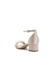 Satin Block Heel Sandal Featuring Delicate Floral Rhinestone Decorations