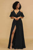 A Line Halter Cold Shoulder Chiffon Bridesmaid Dress with Slit
