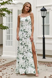 Green Sheath Spaghetti Straps Print Floral Long Bridesmaid Dress with Slit