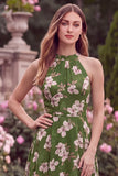 Halter Green Printed Flower A Line High Low Wedding Guest Dress