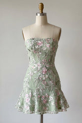 Strapless Bodycon Embroidered Sage Green Homecoming Dress