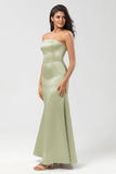 Dusty Sage Mermaid Strapless Floor Length Satin Bridesmaid Dress