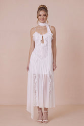 White Lace Ruffled Spaghetti Straps Engagement Dress with Scarf
