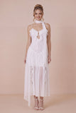 White Lace Ruffled Spaghetti Straps Engagement Dress with Scarf