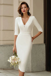 Ivory Pencil V Neck Midi Rehearsal Dinner Dress