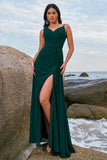 Dark Green A Line Watteau Train Long Chiffon Bridesmaid Dress with Slit