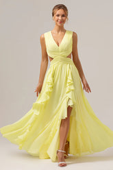 Lemon Yellow A Line V Neck Hollow Out Ruffle Pleated Long Bridesmaid Dress with Slit