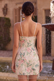White Pink Flower Bodycon Fringed Sequin Homecoming Dress with Scarf