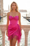 Strapless Fuchsia Fringed Ruched Bodycon Corset Homecoming Dress