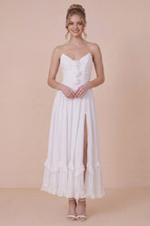 Strapless A Line 3D Flower White Engagement Dress with Slit