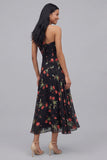 Black Halter Floral A Line Midi Wedding Guest Dress
