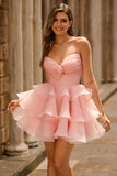 Cute Blush A Line Strapless Ruffled Homecoming Dress with 3D Flower
