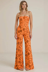 Strapless Orange Floral Sequin Wedding Guest Jumpsuit
