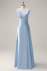 Sky Blue A Line V Neck Ruched Long Bridesmaid Dress