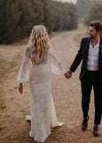Long Lartern Sleeve Mermaid V Neck Backless Lace Bohemian Wedding Dresses