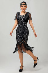 Gatsby Black Silver Scoop Fringed Bodycon 1920s Dress with Sequins