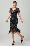 Gatsby Black Silver Scoop Fringed Bodycon 1920s Dress with Sequins