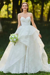 Lace Open Back Sweetheart Cascading Ruffles Sleeveless Bridal Ball Gown