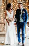 Simple Casual Trumpet V neck Sleeveless Wedding Dress for Women Floor length with V Back Long Train