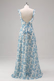 White Blue Flower A Line Square Neck Long Bridesmaid Dress with Slit