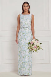 Sheath Blue White Floral Bateau Neck Long Bridesmaid Dress