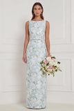 Sheath Blue White Floral Bateau Neck Long Bridesmaid Dress