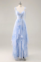 A Line Spaghetti Straps Long Blue Floral Bridesmaid Dress with Ruffles