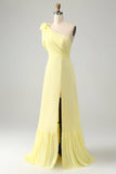 Yellow A Line One Shoulder Pleated Long Maxi Dress with Slit