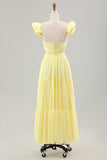 Simple Lemon Yellow A Line Pleated Chiffon Wedding Party Guest Dress with Ruffles