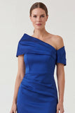 Royal Blue Sheath Asymmetrical Neck Rcuhed Mother of the Bride Dress