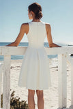 Simple White A Line Scoop Neck Satin Midi Graduation Dress