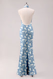 Sage White Flower Mermaid Halter Open Back Floor Length Satin Print Bridesmaid Dress