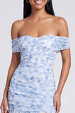 Off the Shoulder Ruched Light Blue Floral Maxi Dress with Slit