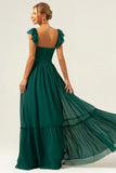 Dark Green A Line Off The Shoulder Chiffon Ruched Long Bridesmaid Dress