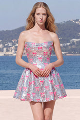 Silver A Line Strapless Short Homecoming Dress with Pink Bows