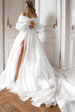 A Line Off the Shoulder White Wedding Dress with Slit