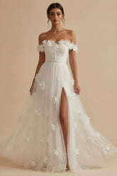 Off the Shoulder A Line Appliqued White Wedding Dress with Slit