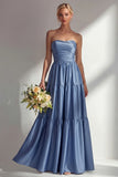 Off the Shoulder A Line Steel Blue Long Prom Dress with Removable Sleeves