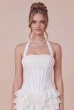 Halter Corset Tiered Ruffled White Graduation Dress with Side Streamer