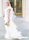 Beach Chiffon A Line Simple White Wedding Dress with Short Sleeves