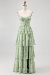 Dusty Sage A Line Corset Tiered Print Floral Long Bridesmaid Dress with Slit